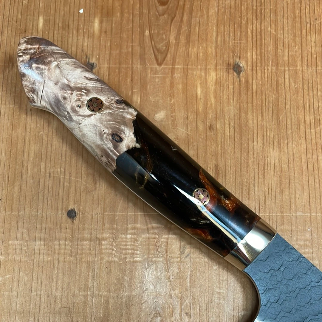 Nigara Hamono 240mm Kiritsuke Gyuto SG2 Kurouchi Tsuchime Stabilized Maple Burl W/ Acrylic Western Handle - Image 2