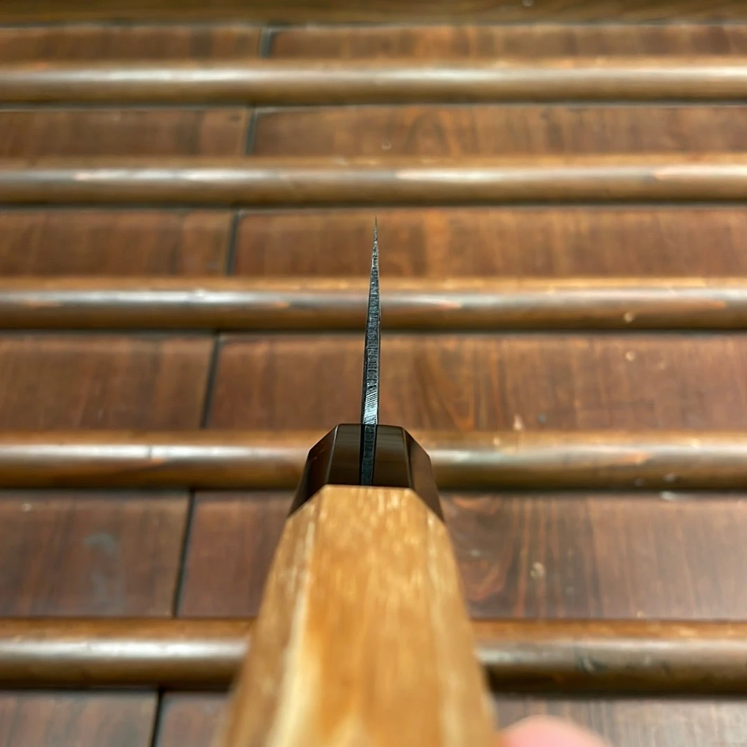 Kumokage 180mm Santoku Aogami 2 Kurouchi Carbon Damascus Oct Teak Horn - Image 7