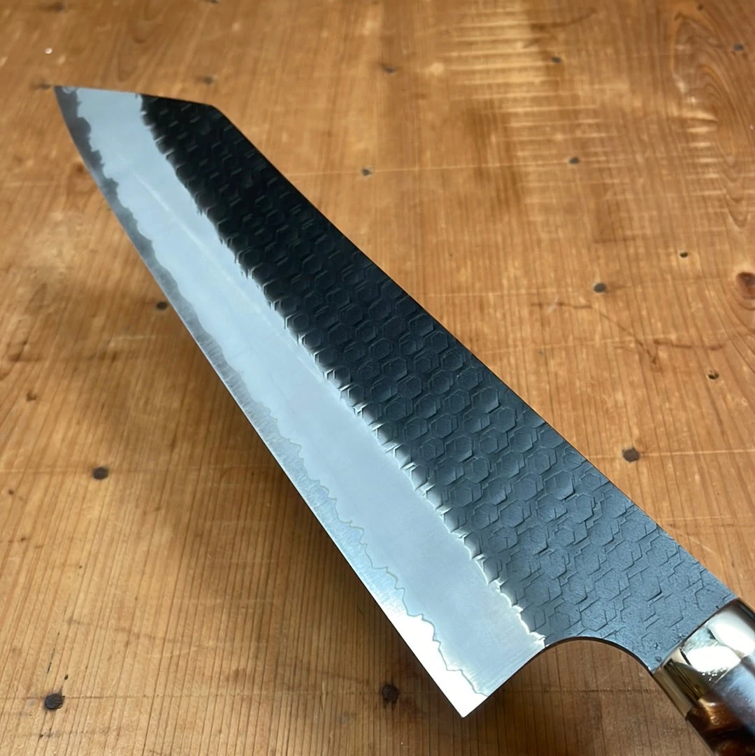 Nigara Hamono 240mm Kiritsuke Gyuto SG2 Kurouchi Tsuchime Stabilized Maple Burl W/ Acrylic Western Handle - Image 5