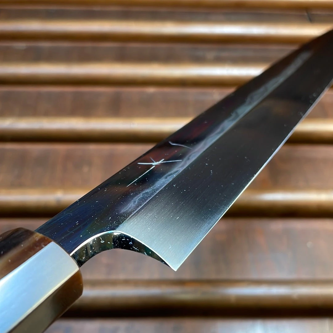 Hitohira Togashi 300mm Yanagi Shirogami 1 Mizu Honyaki Finish Tahei Ebony Horn W/ Saya - Image 5